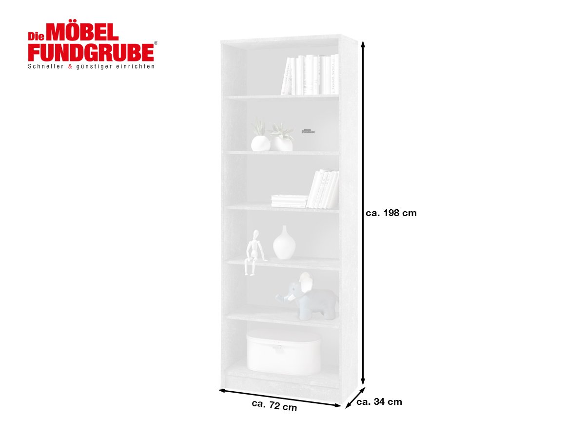 Bücherregal Standregal Betonoptik - weiß 72 x 198 cm - 5 Einlegeböden - OPTIMUS