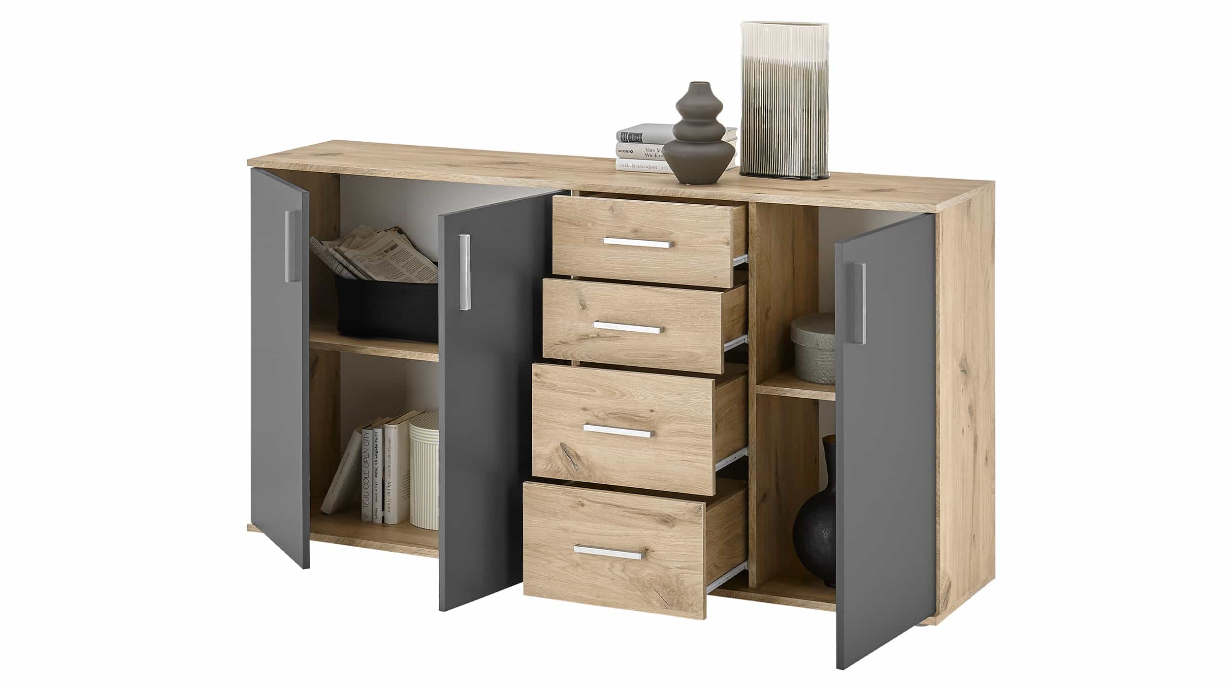 Kommode Viking Oak - grau 160 x 84 cm 3-türig - BOBBY