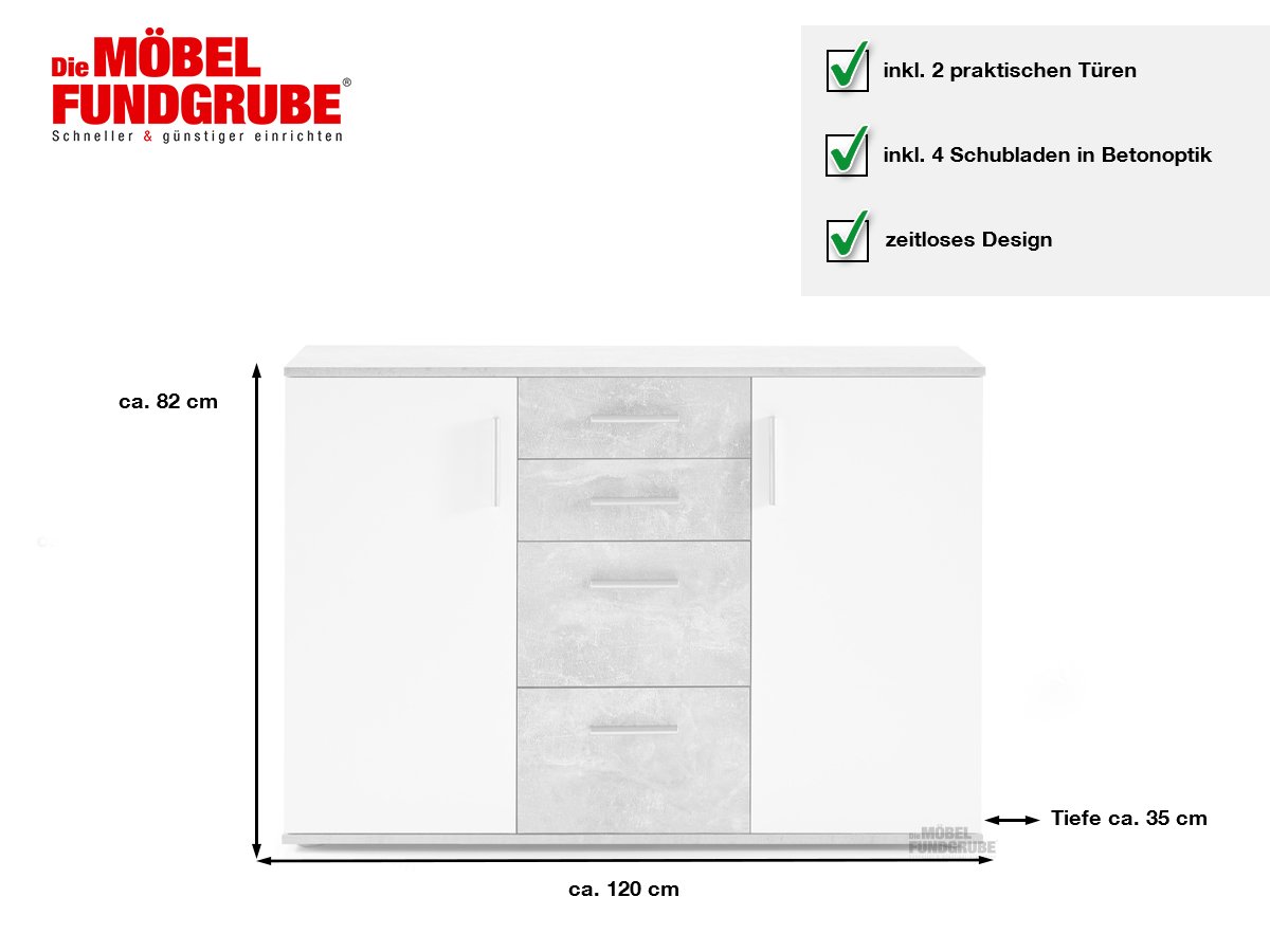 Kommode Betonoptik - weiß 2-türig 120 cm - BOBBY