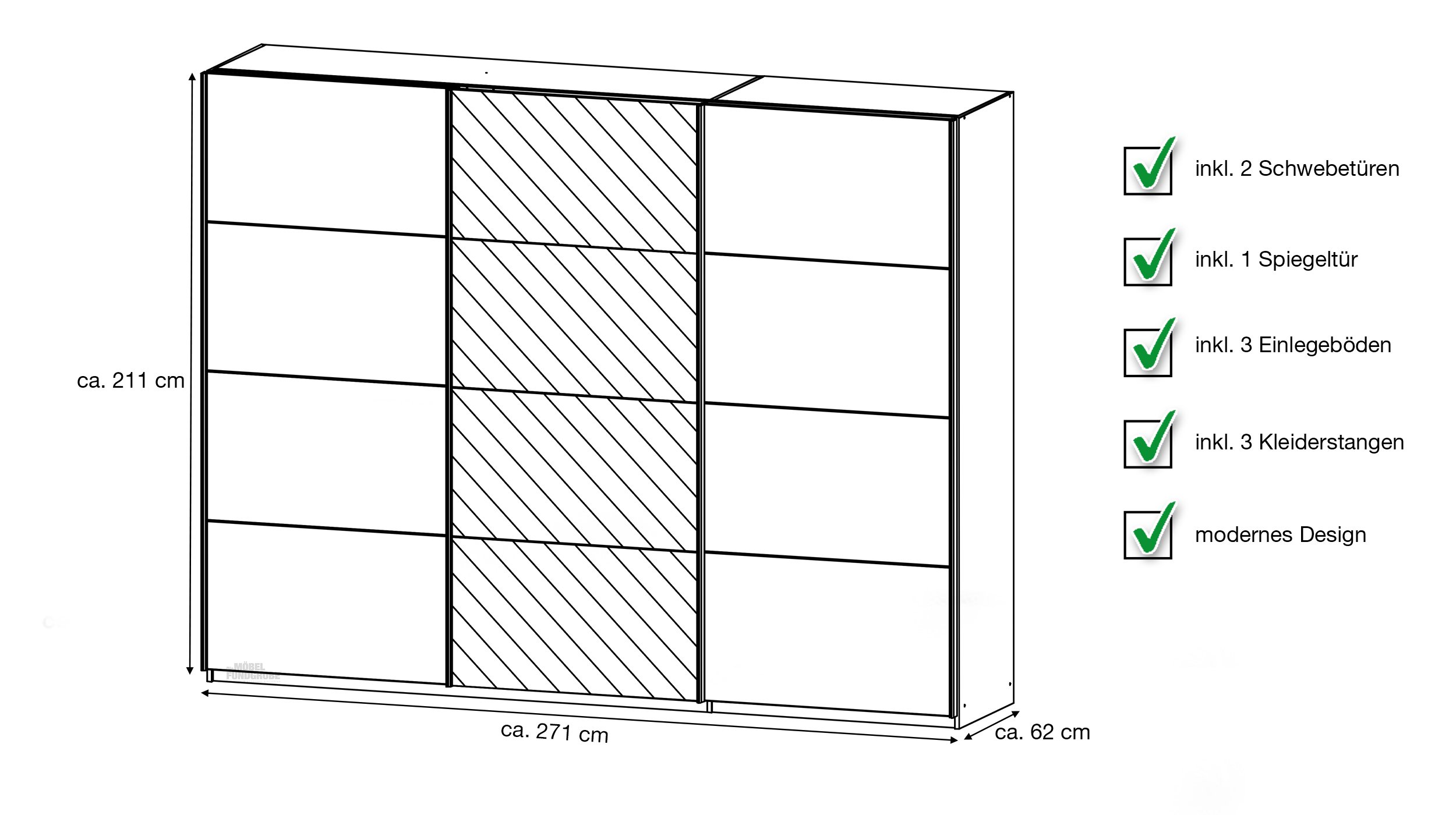 Schwebetürenschrank weiß 271 cm Spiegel - BASIC - KULMBACH