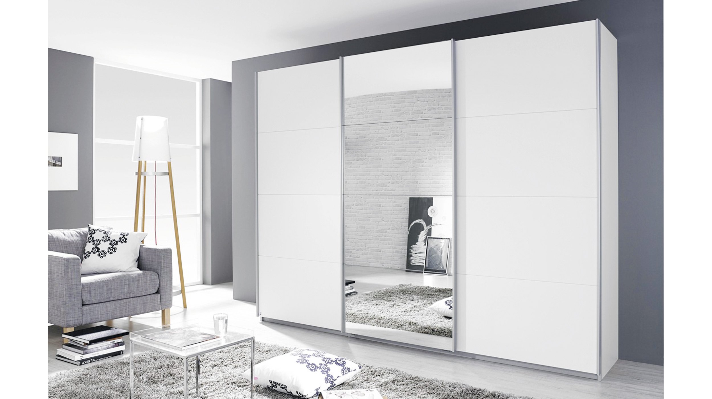Schwebetürenschrank weiß 271 cm Spiegel - BASIC VARIANTE - KULMBACH