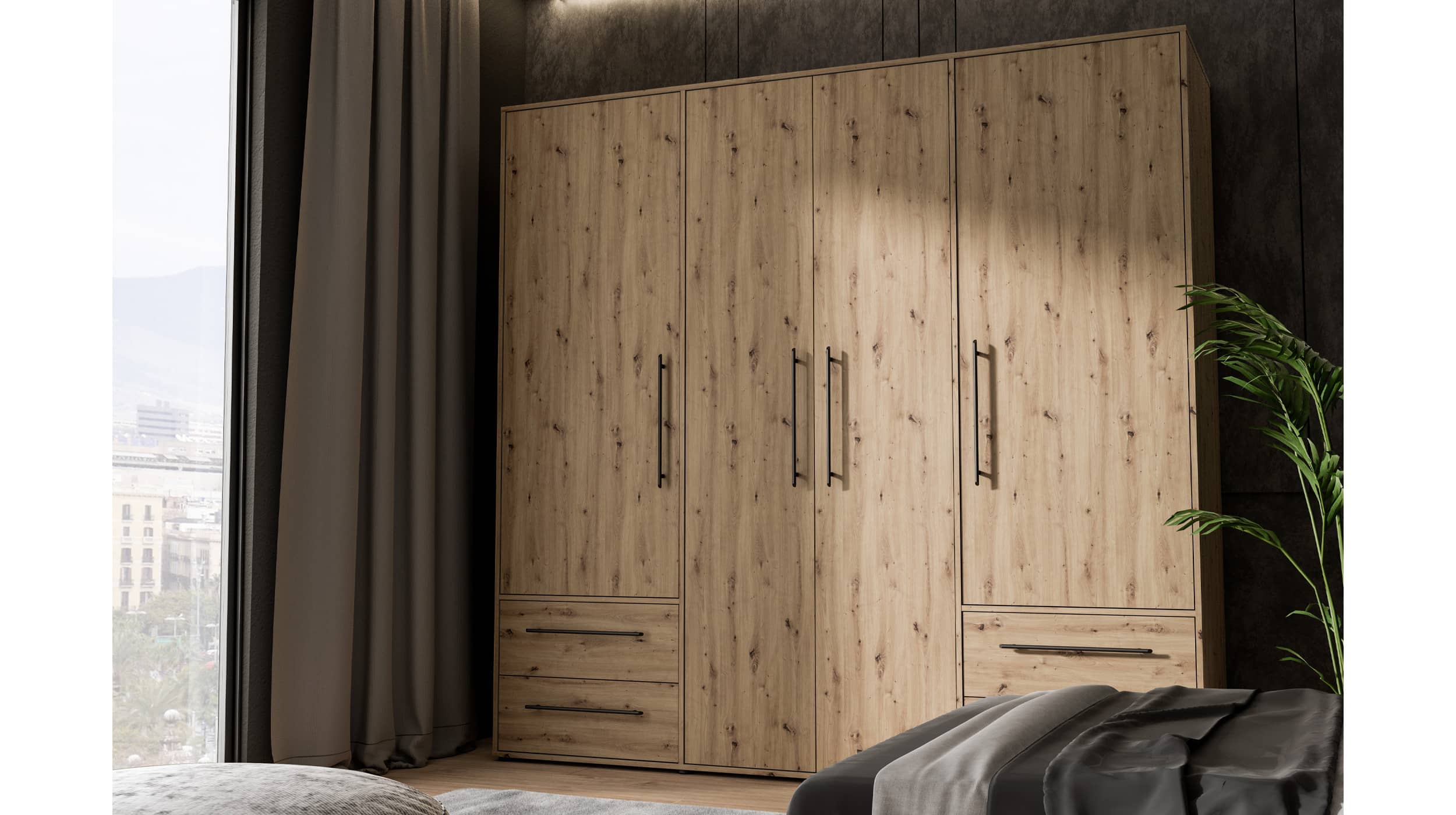 Kleiderschrank Artisan Eiche 206 cm 4-türig - MOKKARIS