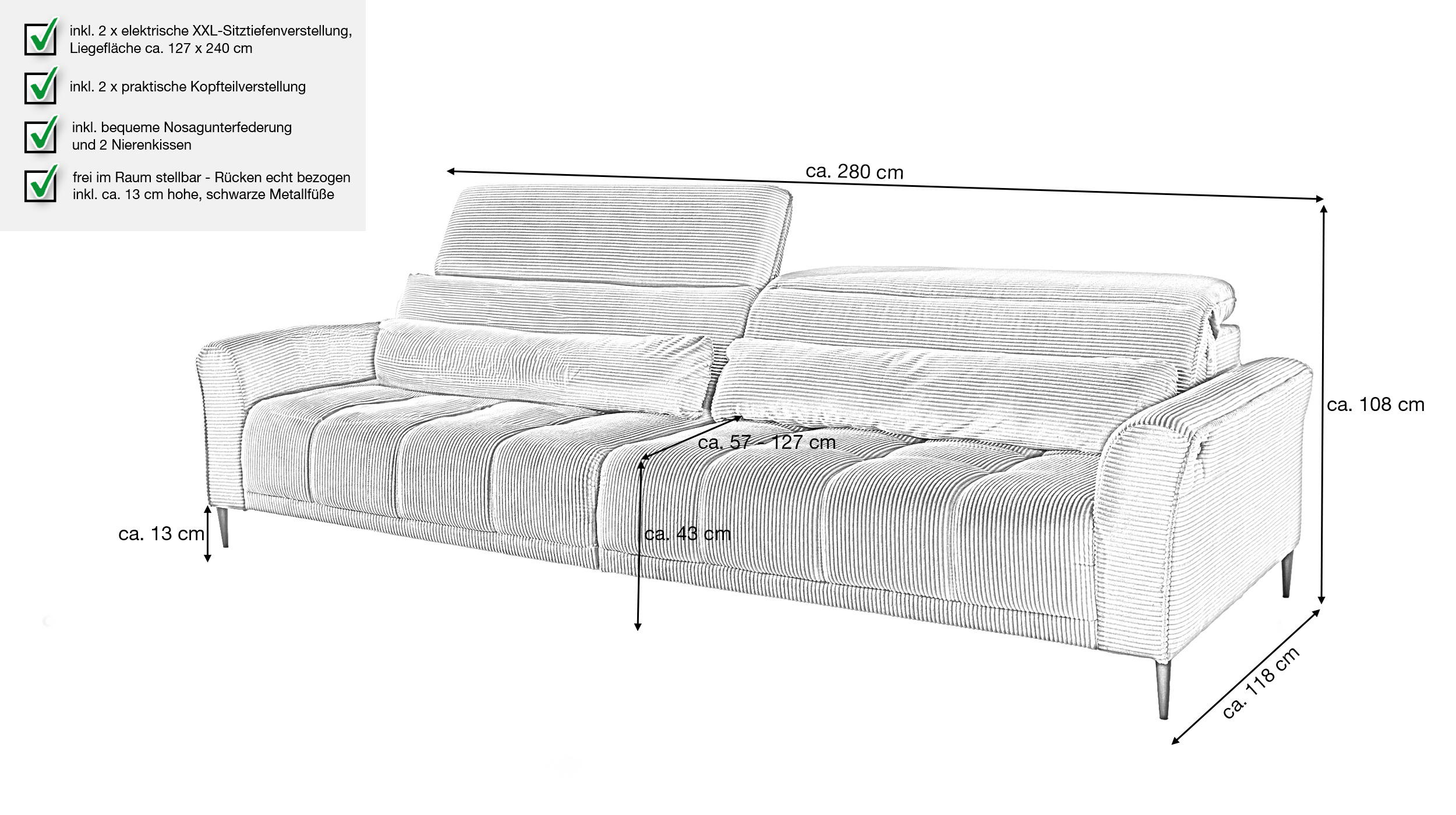 Big Sofa 280 cm grün Cordbezug Nosagfederung - LOGAN 