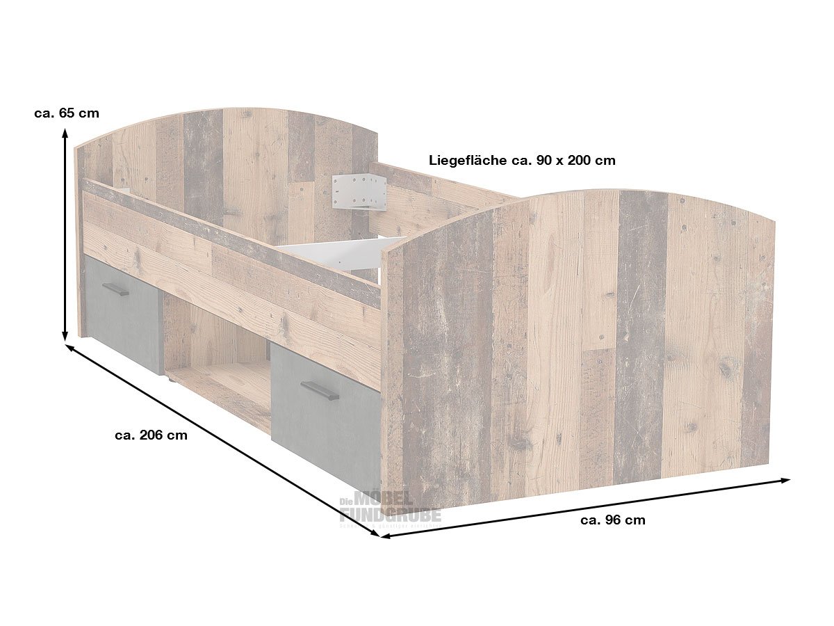 Jugendbett 90 x 200 cm Old Wood - grau - WINNIE