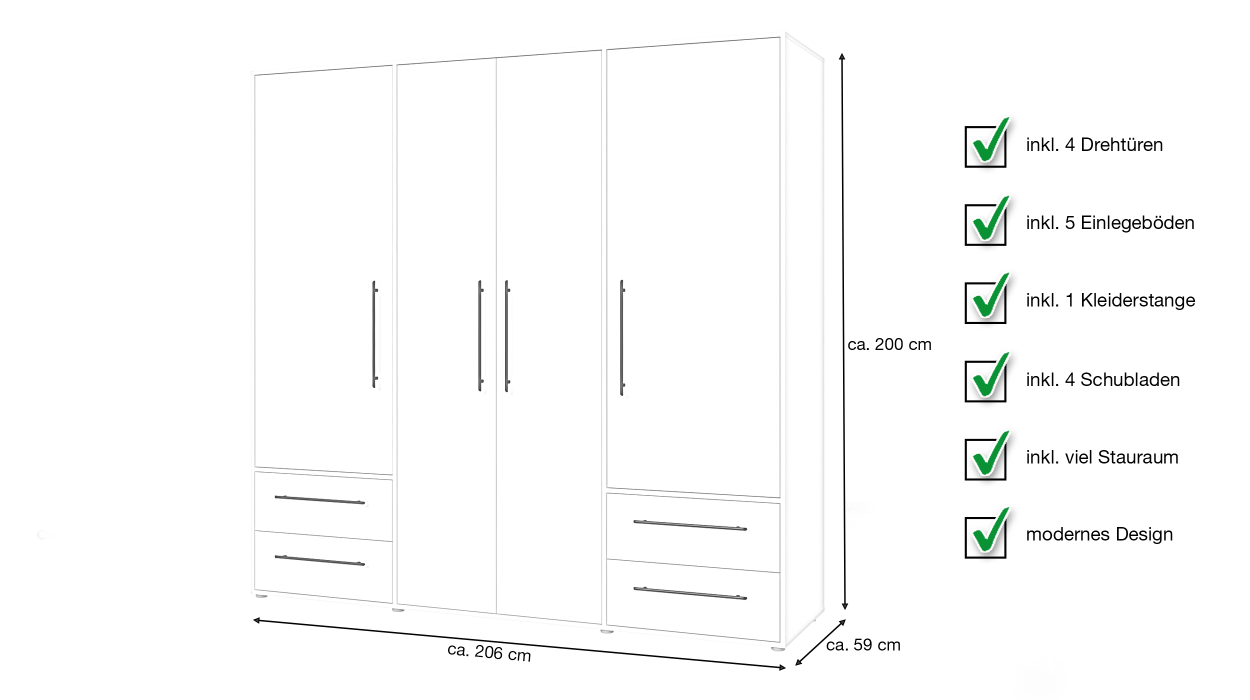 Kleiderschrank weiß - 206 cm - 4 Türen - MOKKARIS