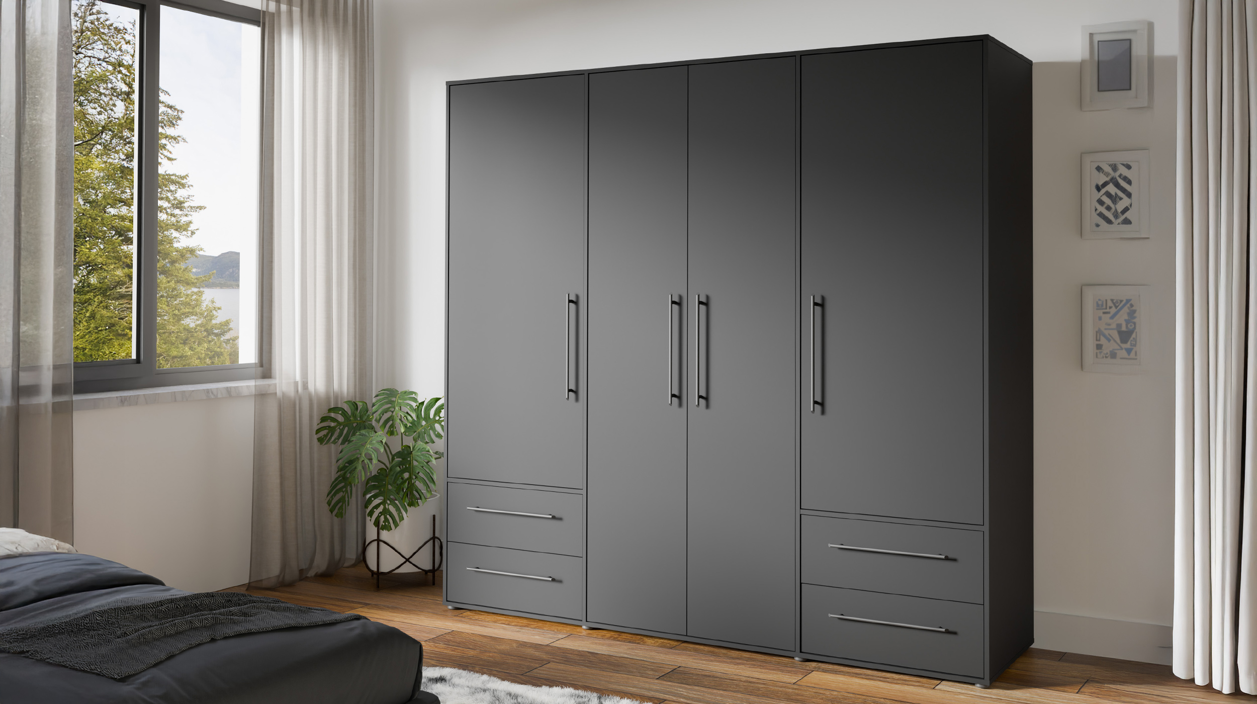 Kleiderschrank schwarz - 206 cm - 4 Türen - MOKKARIS
