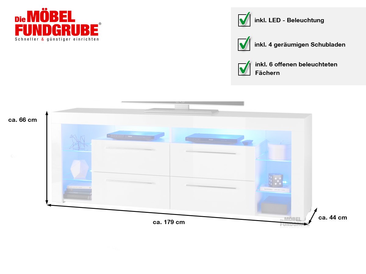TV - Lowboard weiß hochglanz 179 cm mit Beleuchtung - GOAL
