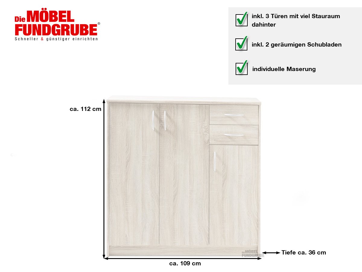 Kommode Sonoma Eiche 109 cm mit 3 Türen - OPTIMUS 