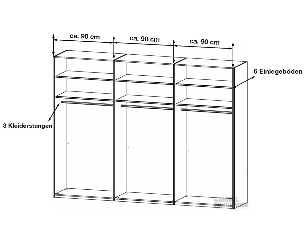 Schwebetürenschrank grau Spiegel 271 cm 3-türig - KULMBACH