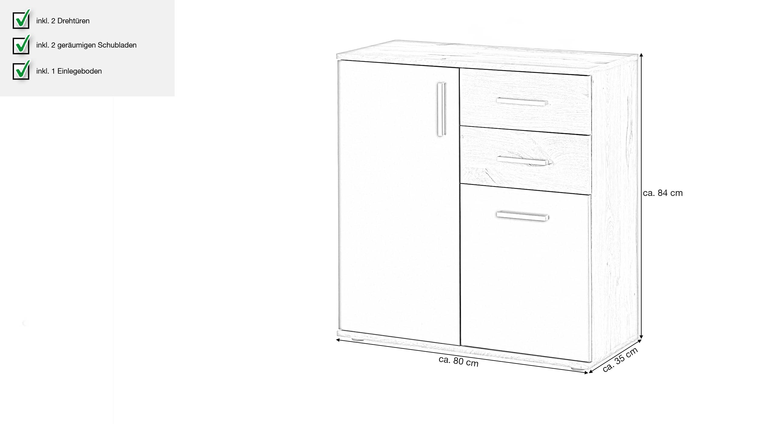 Kommode Viking Oak - grau 80 x 84 cm 2-türig - BOBBY