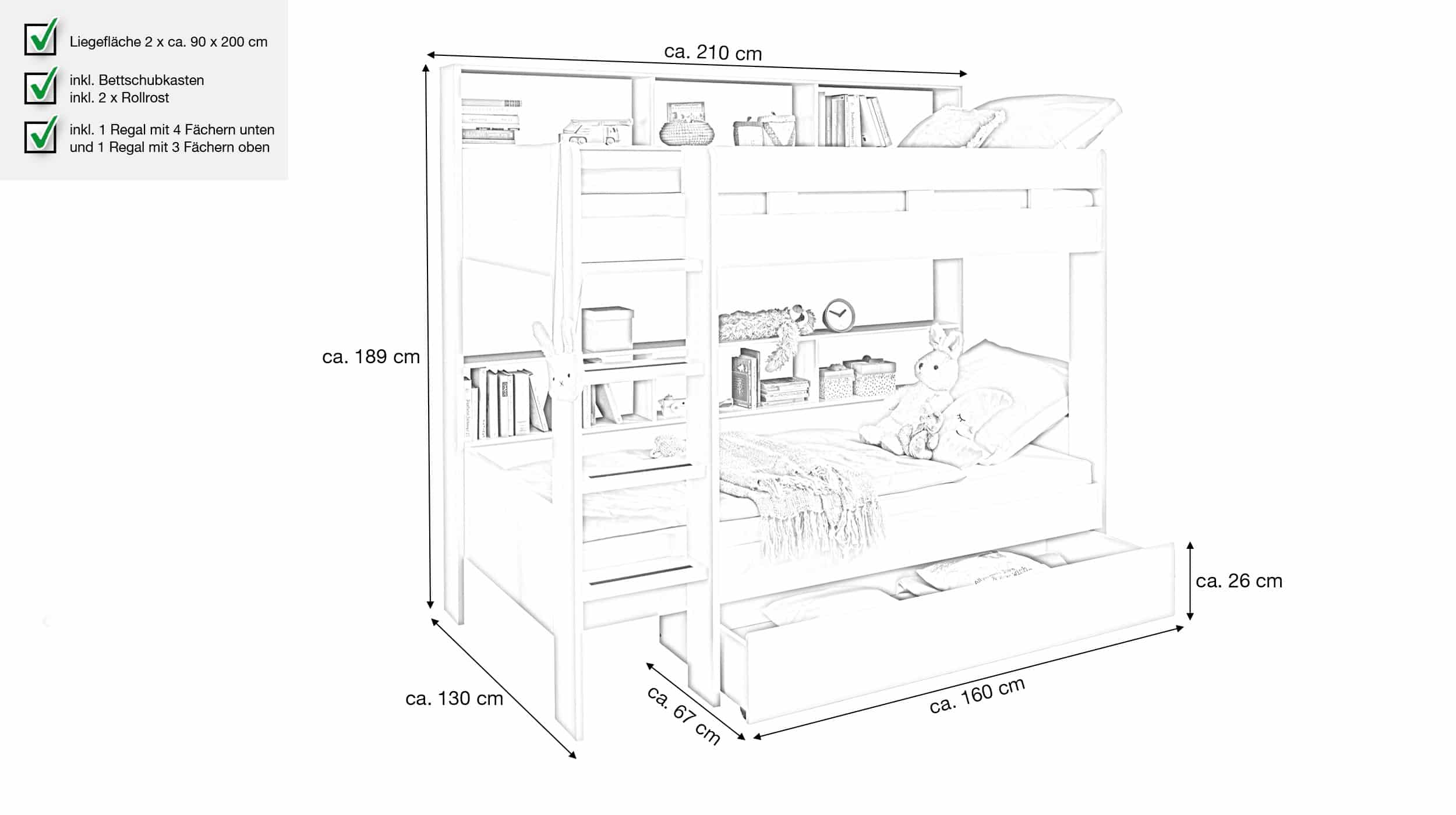 Etagenbett mit Bettkasten 90 x 200 cm weiß - Kinderbett - JUSA