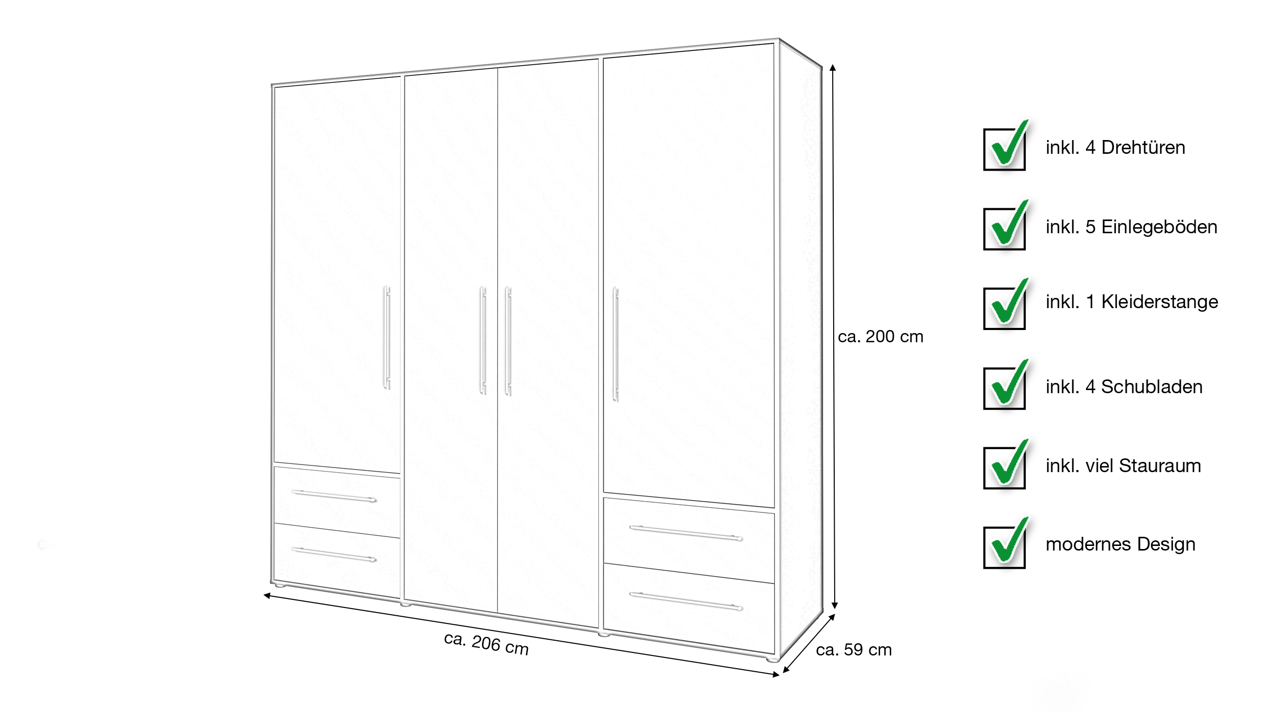 Kleiderschrank schwarz - 206 cm - 4 Türen - MOKKARIS