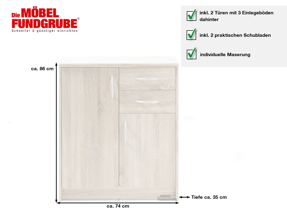 Kommode 2 Schubladen Sonoma Eiche 74 cm - OPTIMUS