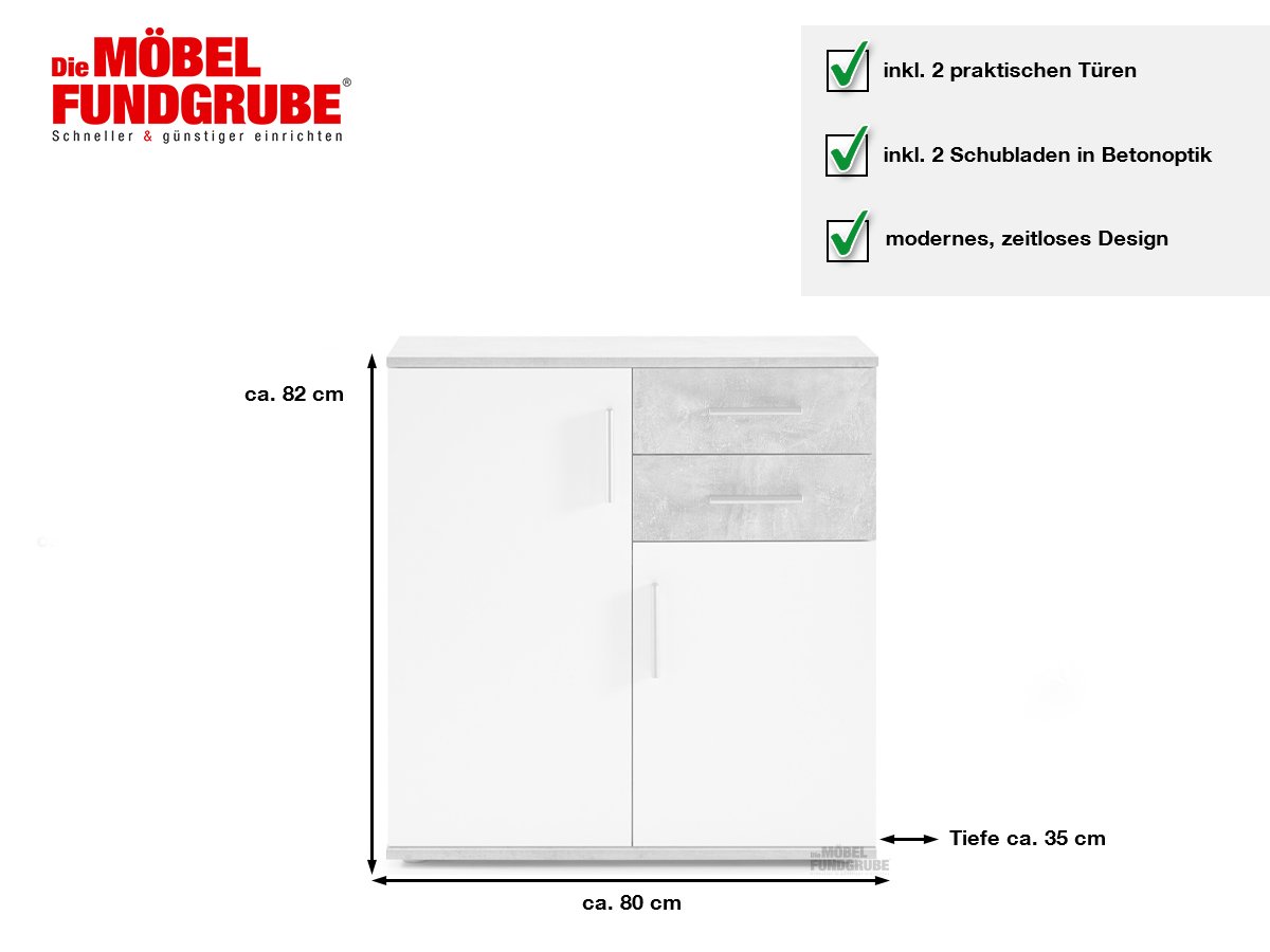Kommode 2-türig Betonoptik - weiß 80 cm - BOBBY