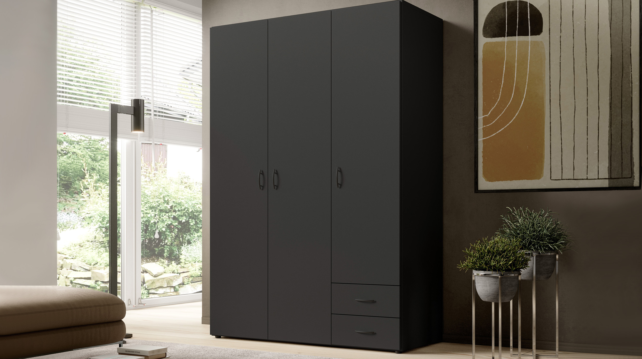 Kleiderschrank graphit - 120 cm -  3-türig - BASE