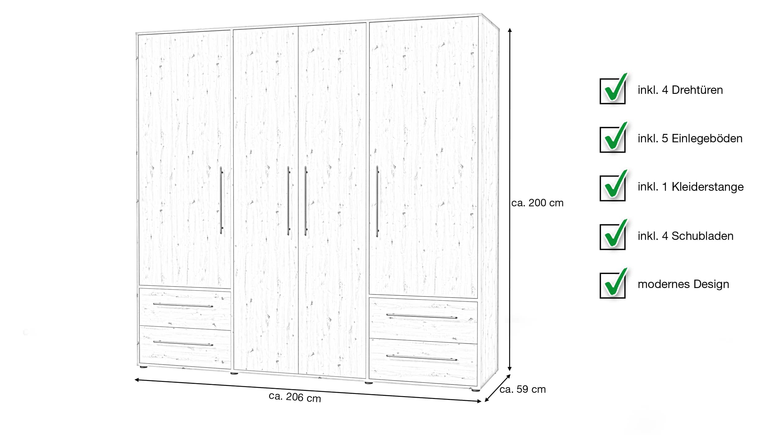 Kleiderschrank Artisan Eiche 206 cm 4-türig - MOKKARIS