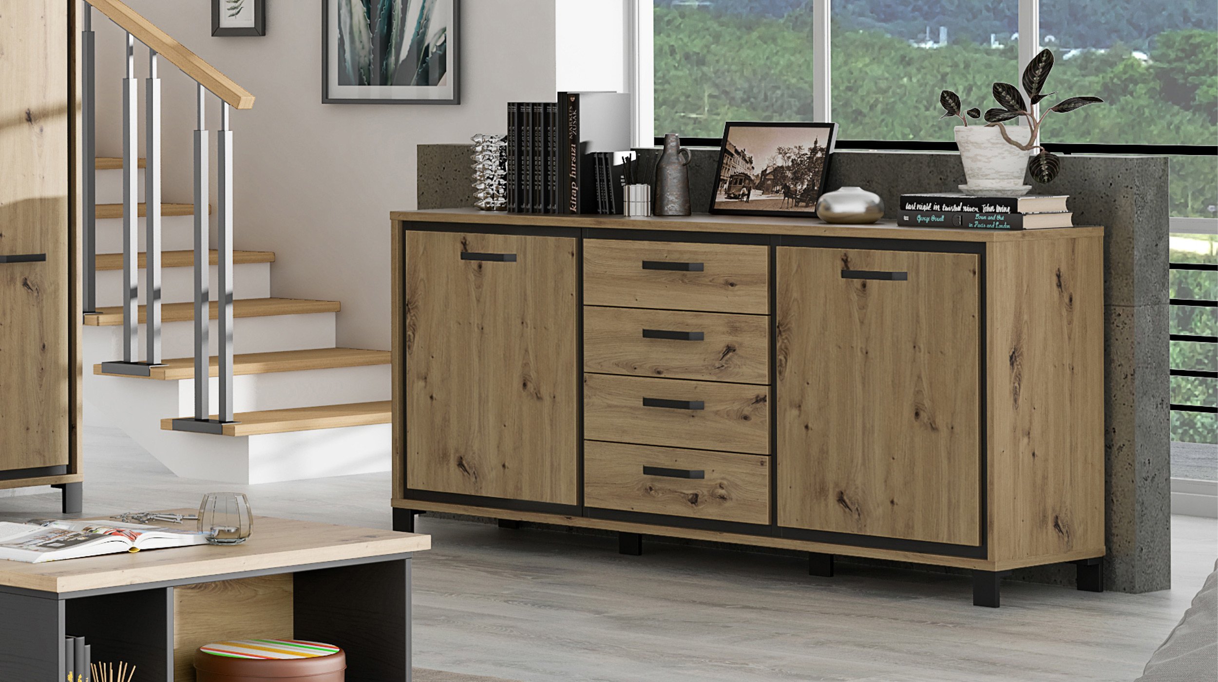 Sideboard 2 türig Artisan Eiche - Metall schwarz 178 cm - TRONDHEIM