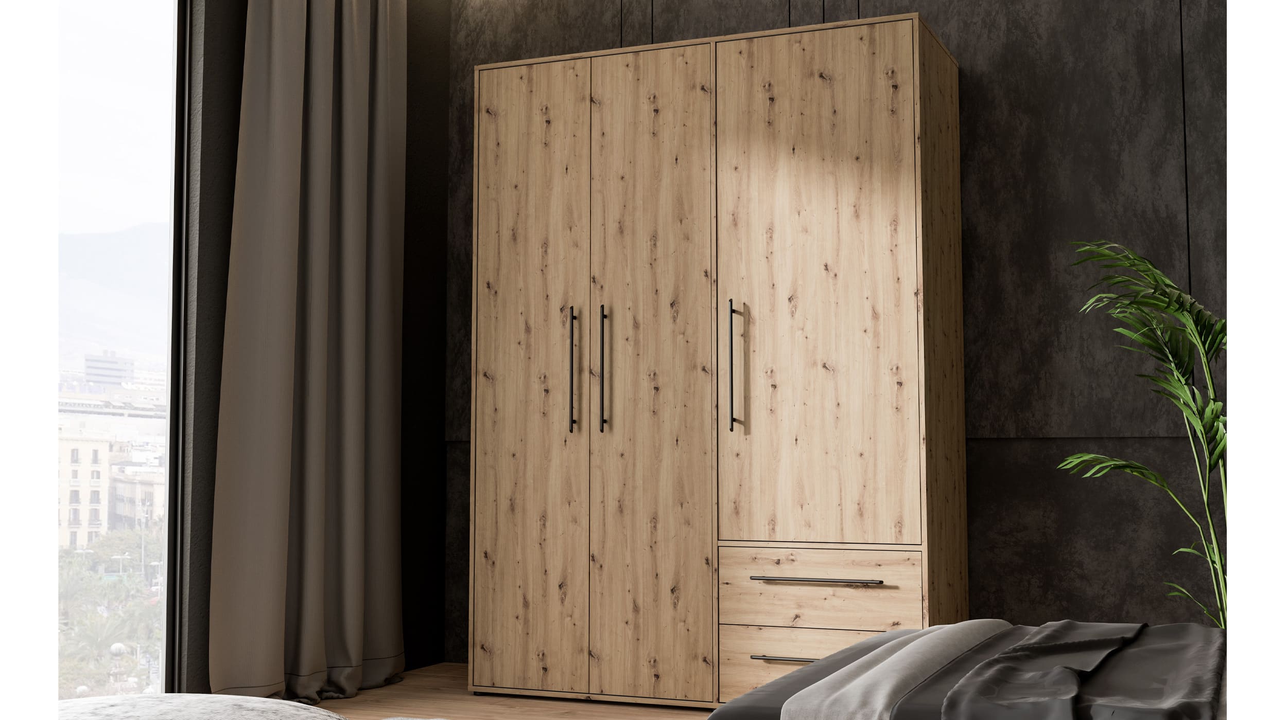 Kleiderschrank Artisan Eiche 144 cm 3-türig - MOKKARIS