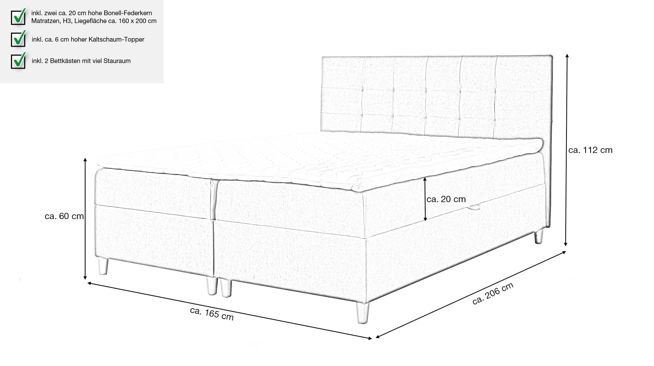Boxbett 160 x 200 cm anthrazit inkl. 2 Bettkästen - ADORA