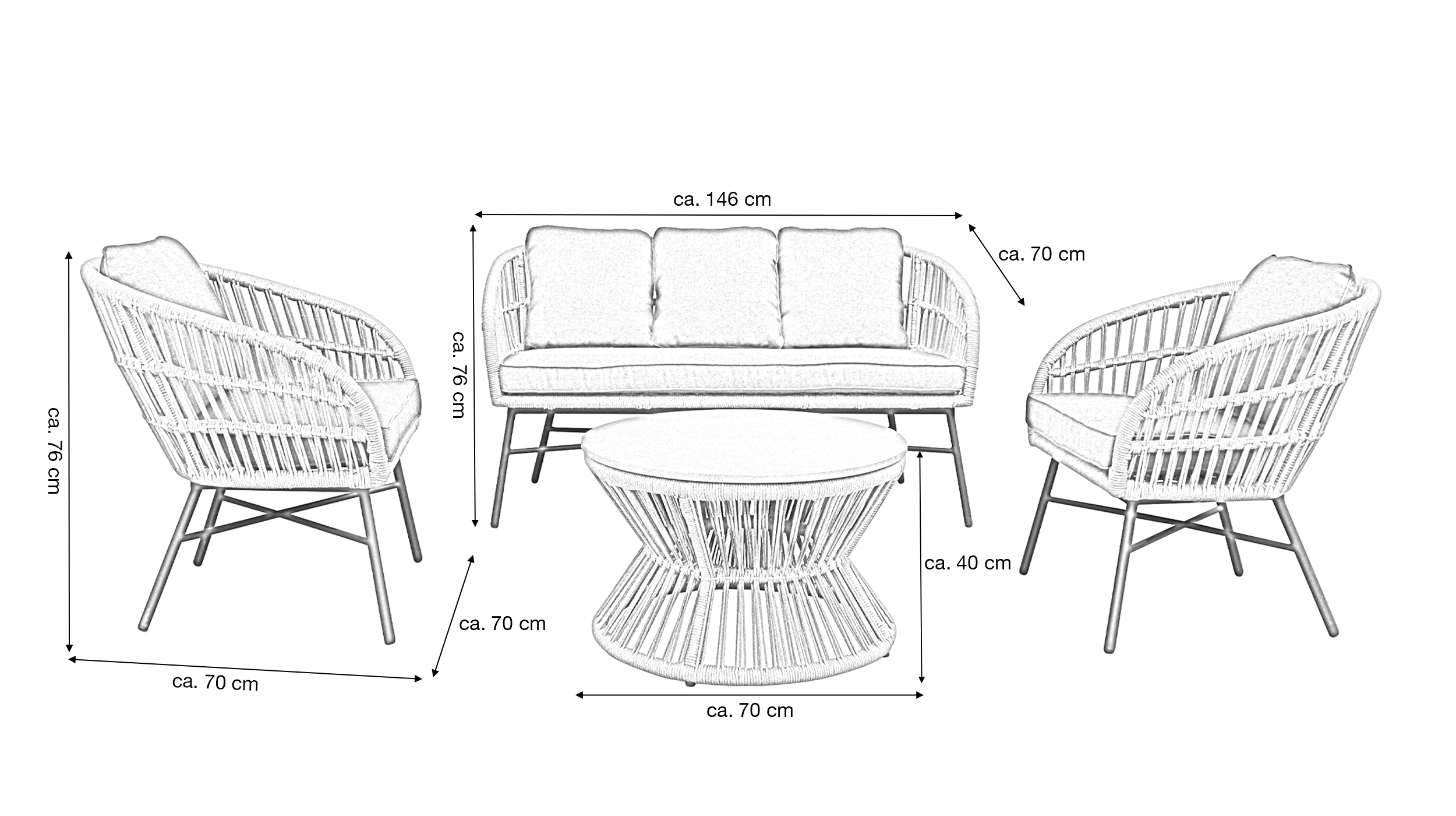 Ropegeflecht Gartenmöbel Set 4-teilig Tisch 70 x 40 cm - LUNO