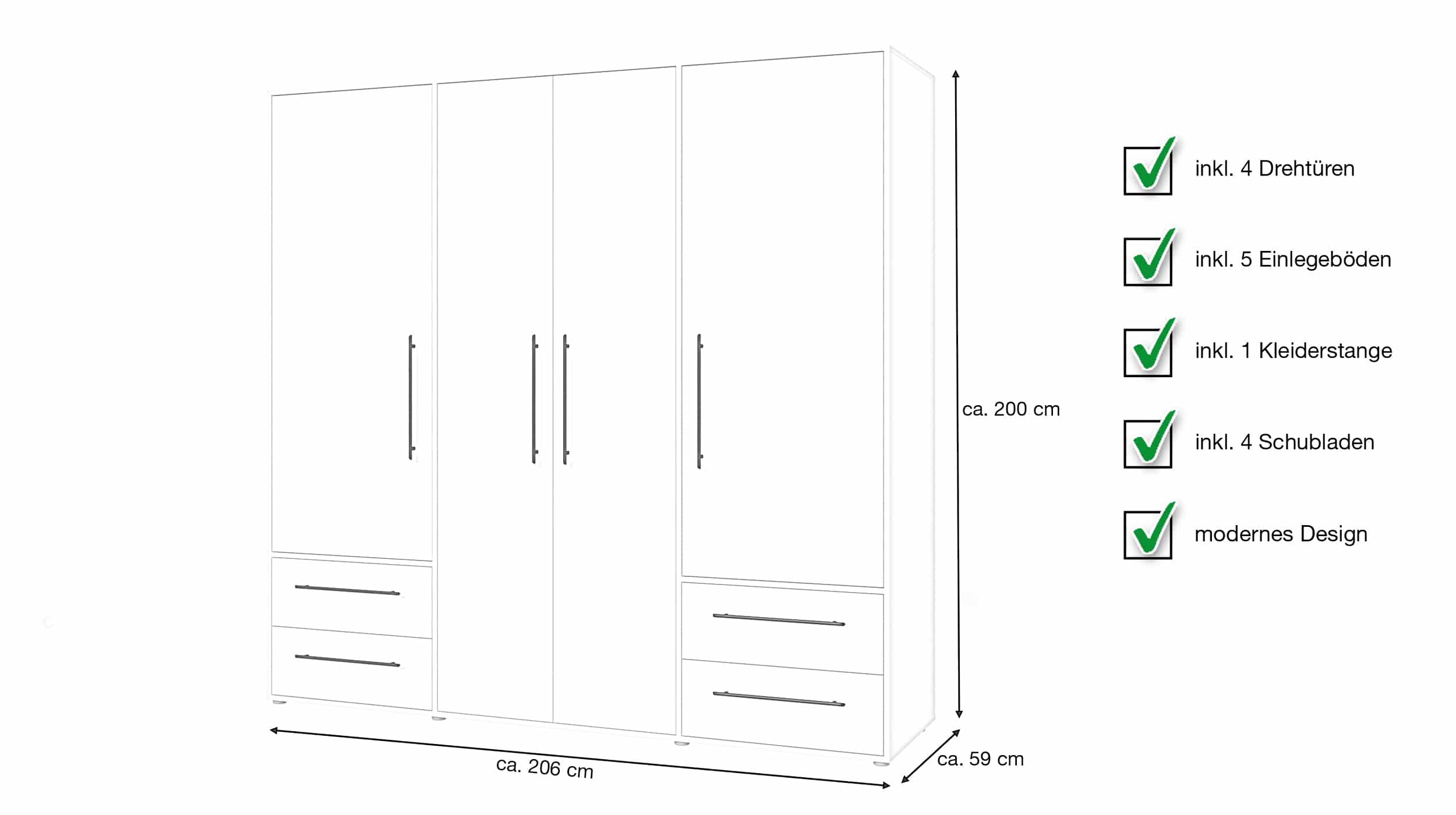 Kleiderschrank weiß - Betonoptik 206 cm 4-türig - MOKKARIS
