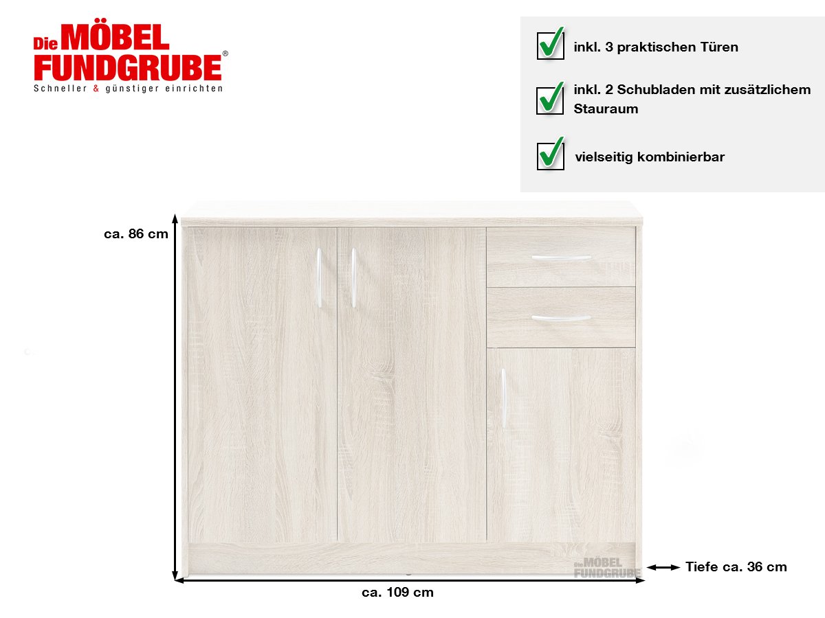 Kommode 2 Schubladen Sonoma Eiche 109 cm - OPTIMUS