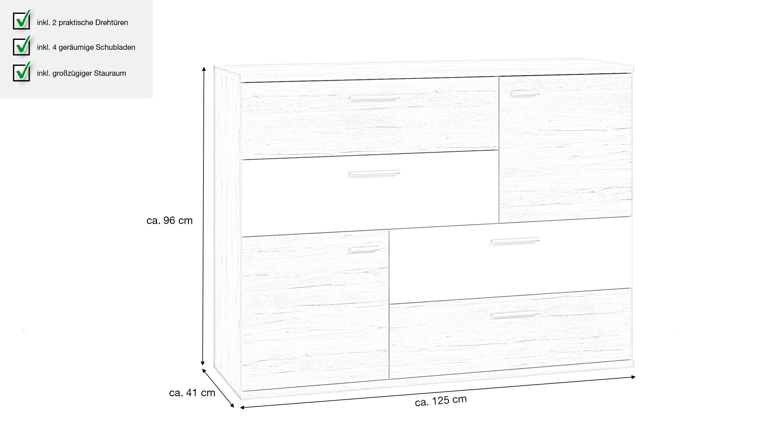 Kommode Sandeiche - weiß 125 cm - SKIVE