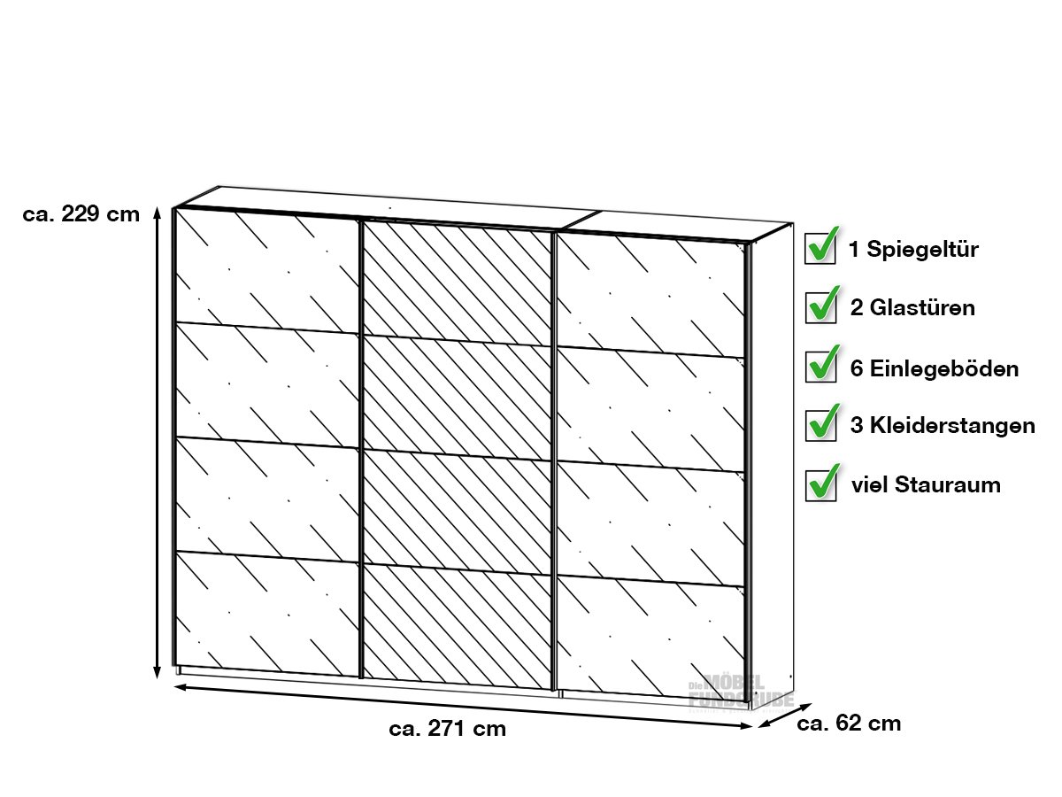 Schwebetürenschrank grau Spiegel 271 cm 3-türig - KULMBACH