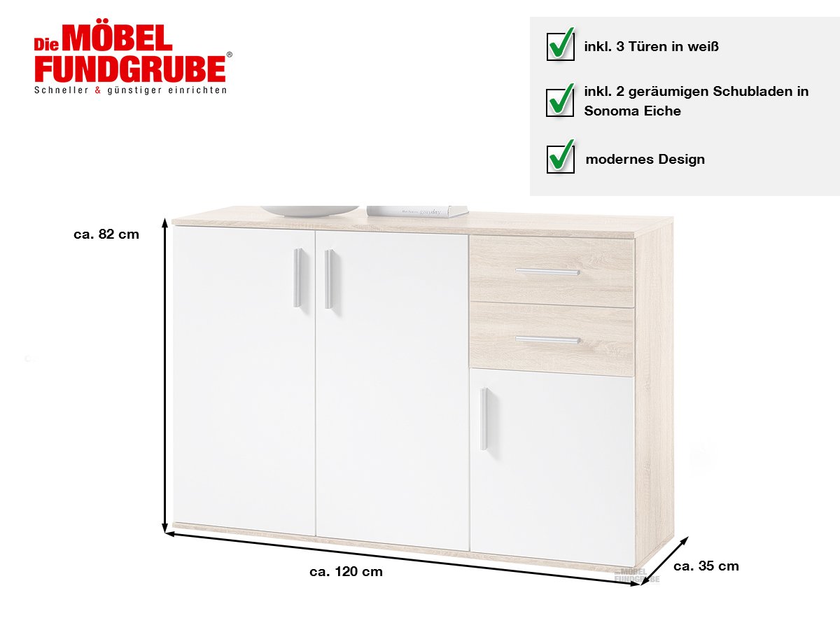 Kommode Sonoma Eiche - weiß 120 cm - BOBBY