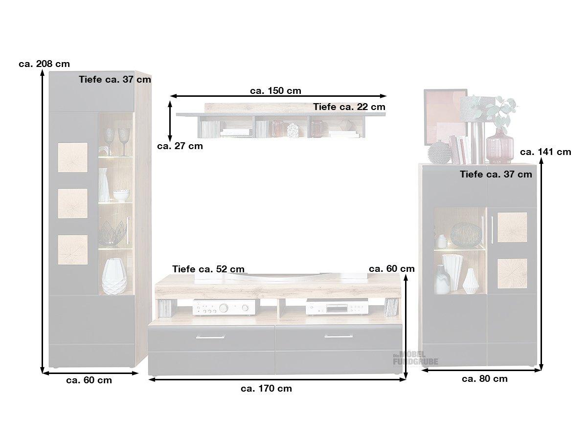 Wohnwand Alteiche - schwarz matt - 340 cm - SONATE