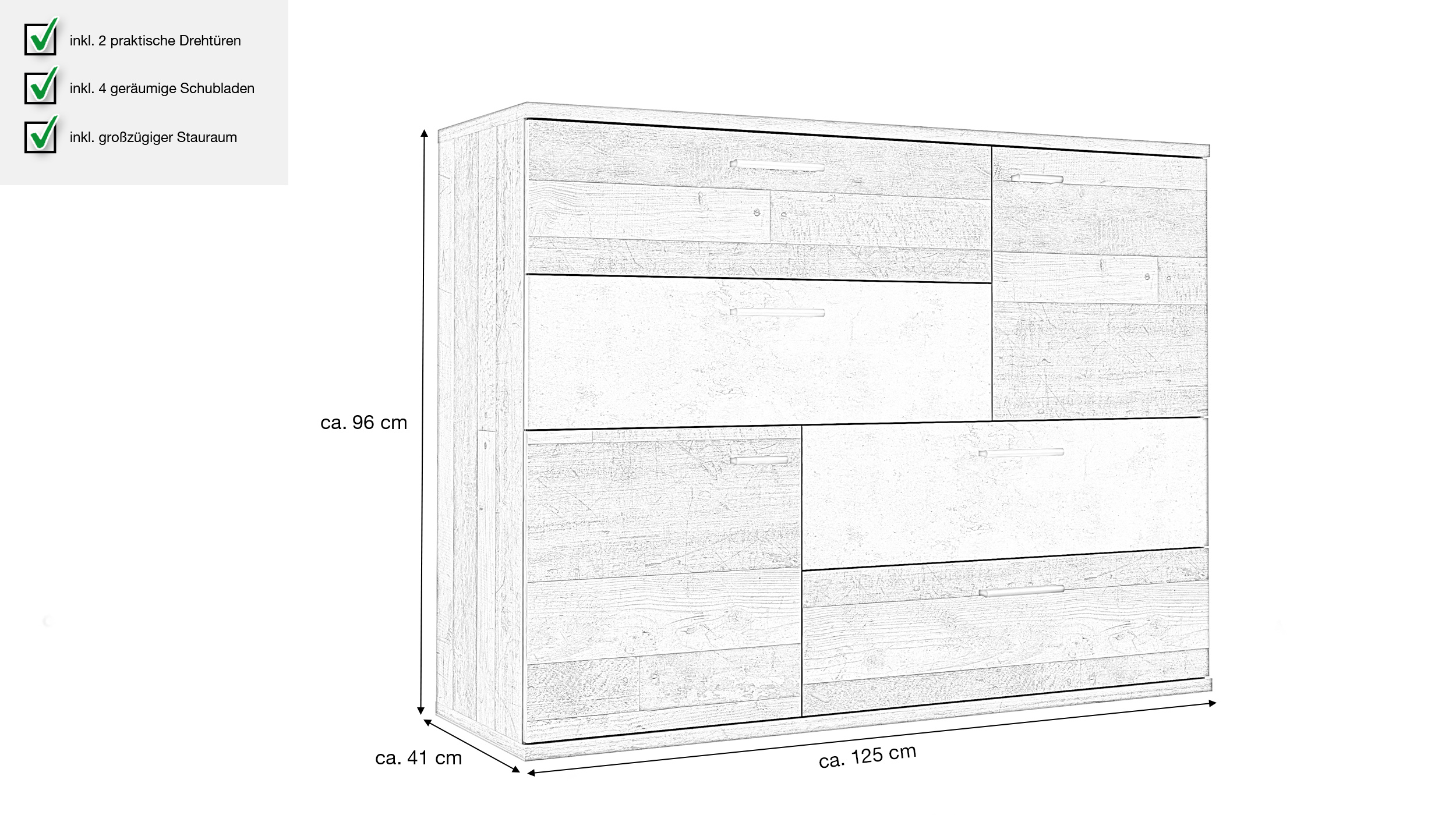Kommode Old Wood - grau 125 cm - SKIVE