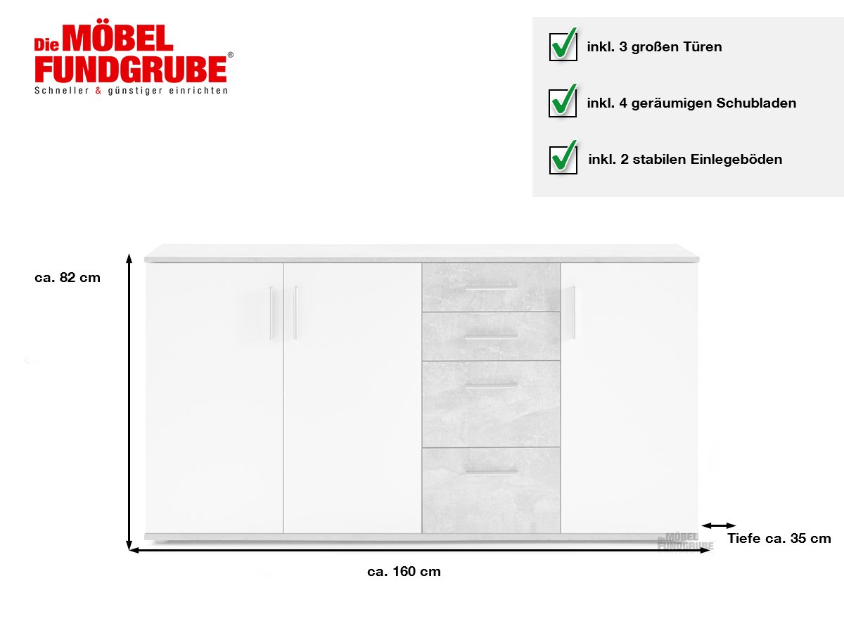 Kommode 3-türig Betonoptik - weiß 160 cm - BOBBY