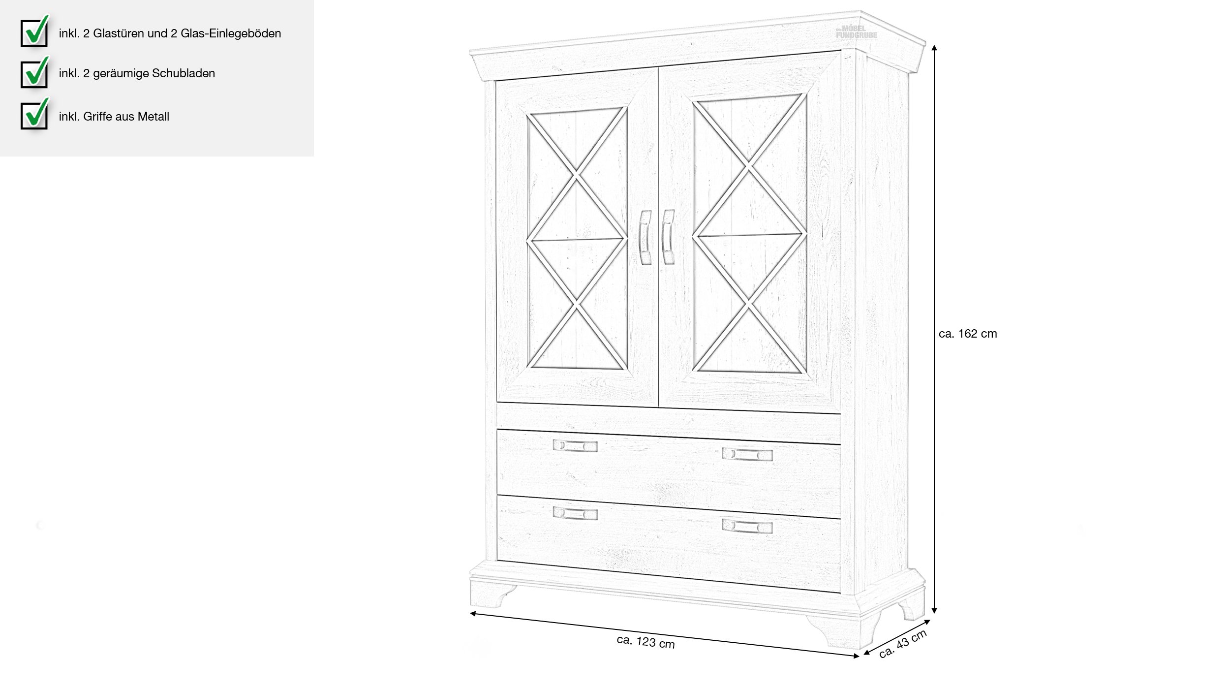 Vitrine mit 2 Glastüren Pinie weiß 162 cm - KASHMIR