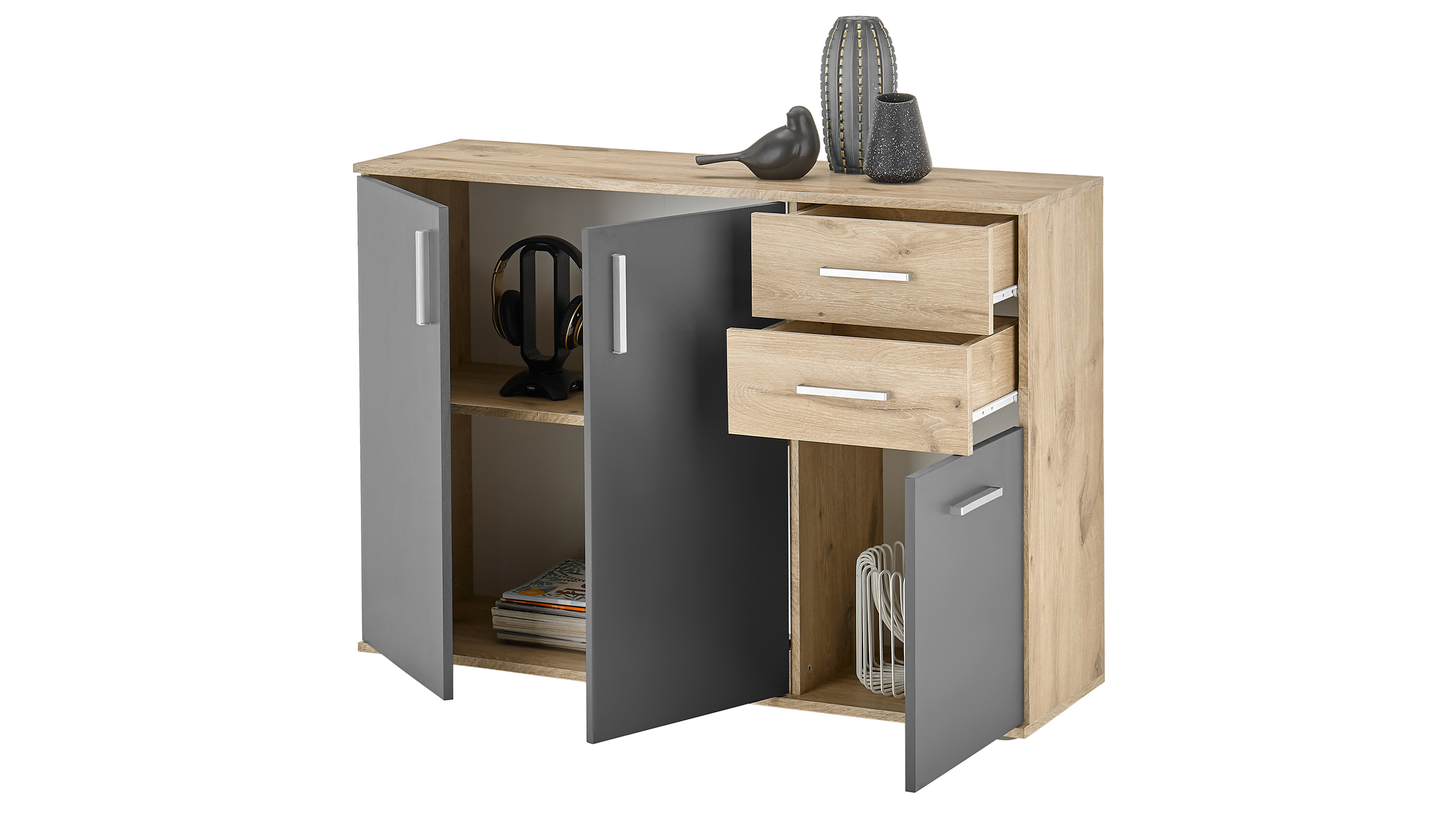 Kommode Viking Oak - grau 120 x 84 cm 3-türig - BOBBY