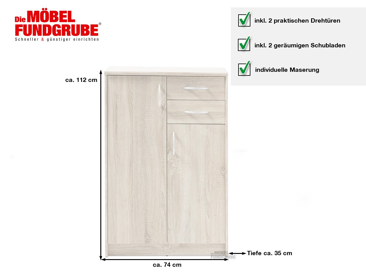 Kommode mit 2 Schubladen Sonoma Eiche 74 cm - OPTIMUS