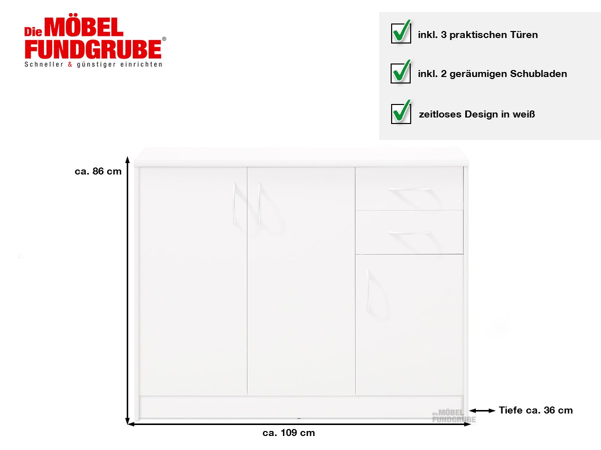 Kommode mit 3 Türen weiß 109 cm - OPTIMUS