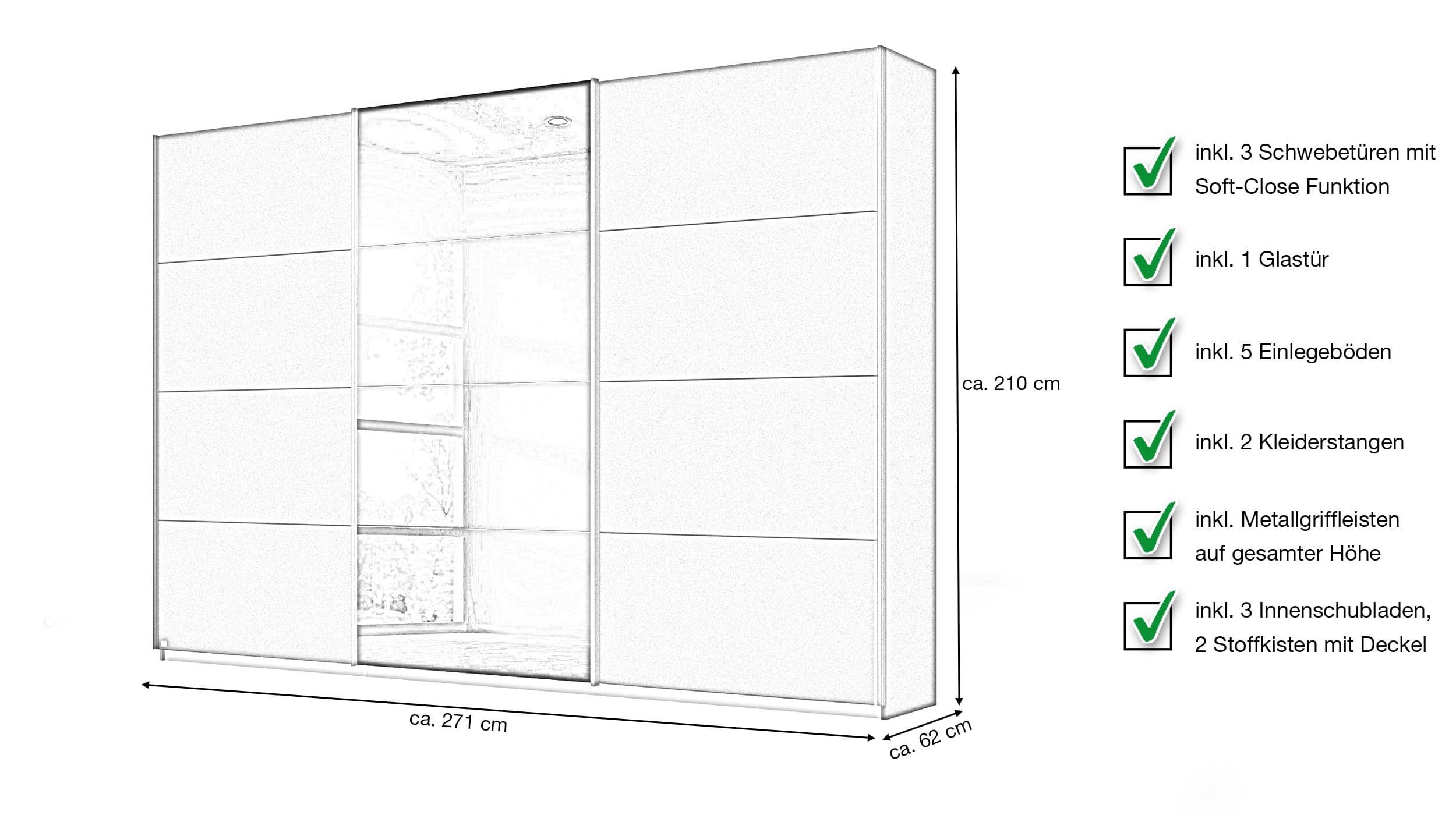 Schwebetürenschrank grau Glas 271 cm 3-türig - KULMBACH