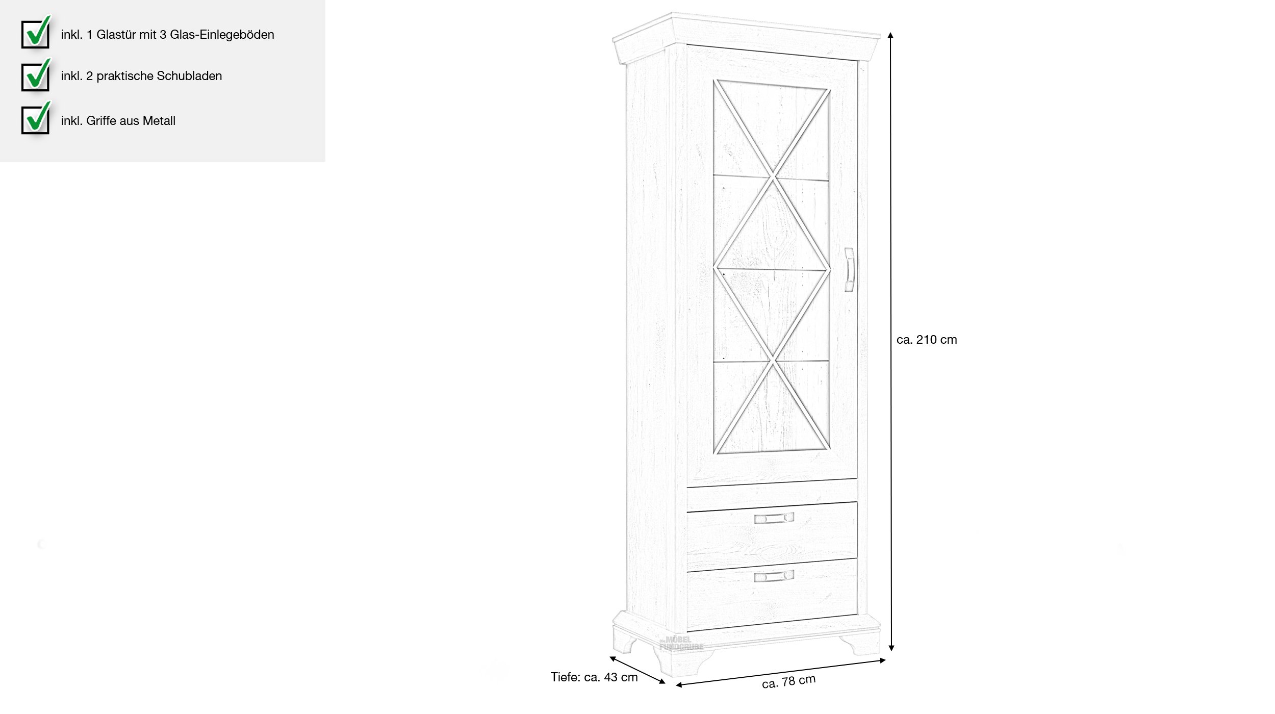 Vitrine mit 1 Glastür Pinie weiß 210 cm - KASHMIR