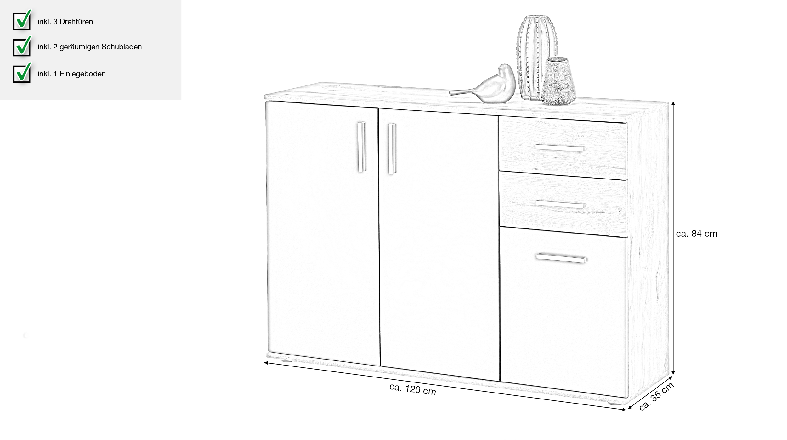 Kommode Viking Oak - grau 120 x 84 cm 3-türig - BOBBY