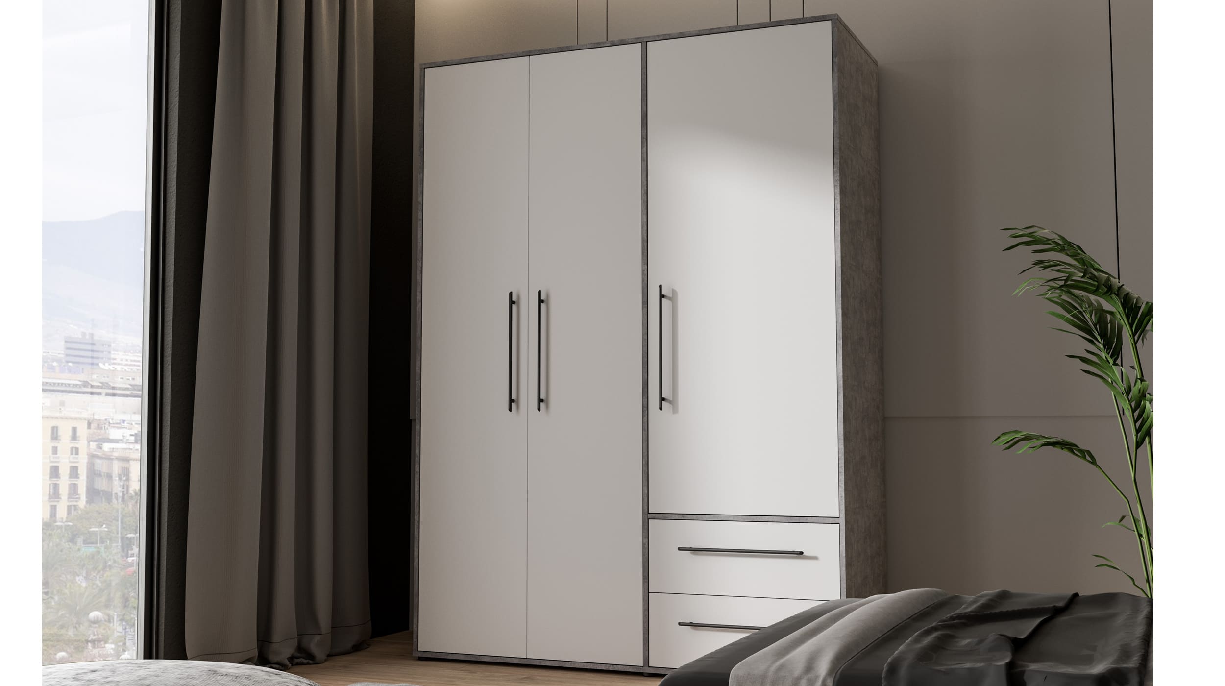 Kleiderschrank weiß - Betonoptik 144 cm 3-türig - MOKKARIS