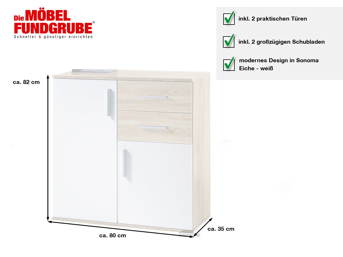 Kommode Sonoma Eiche - weiß 80 cm - BOBBY