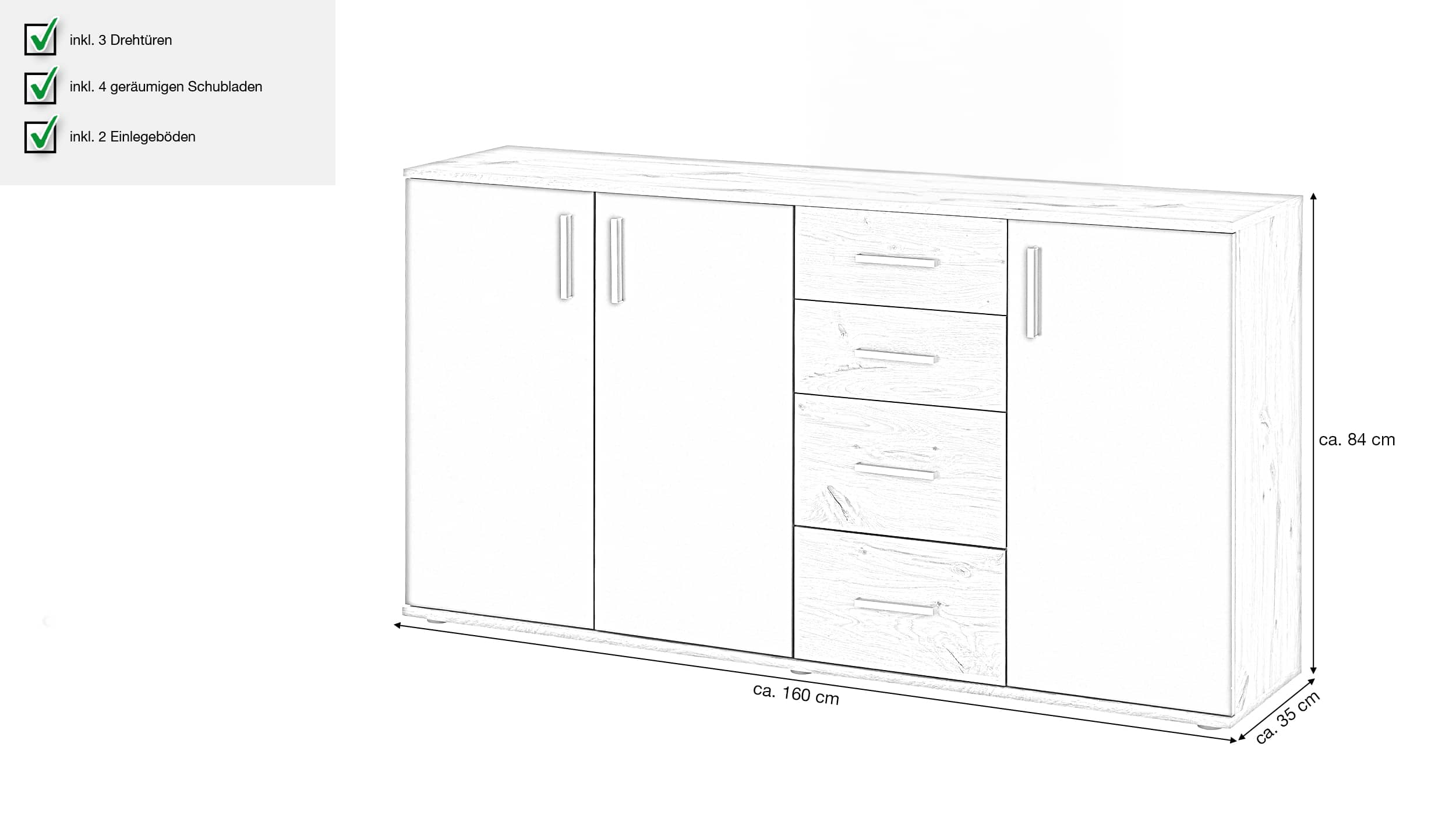 Kommode Viking Oak - grau 160 x 84 cm 3-türig - BOBBY