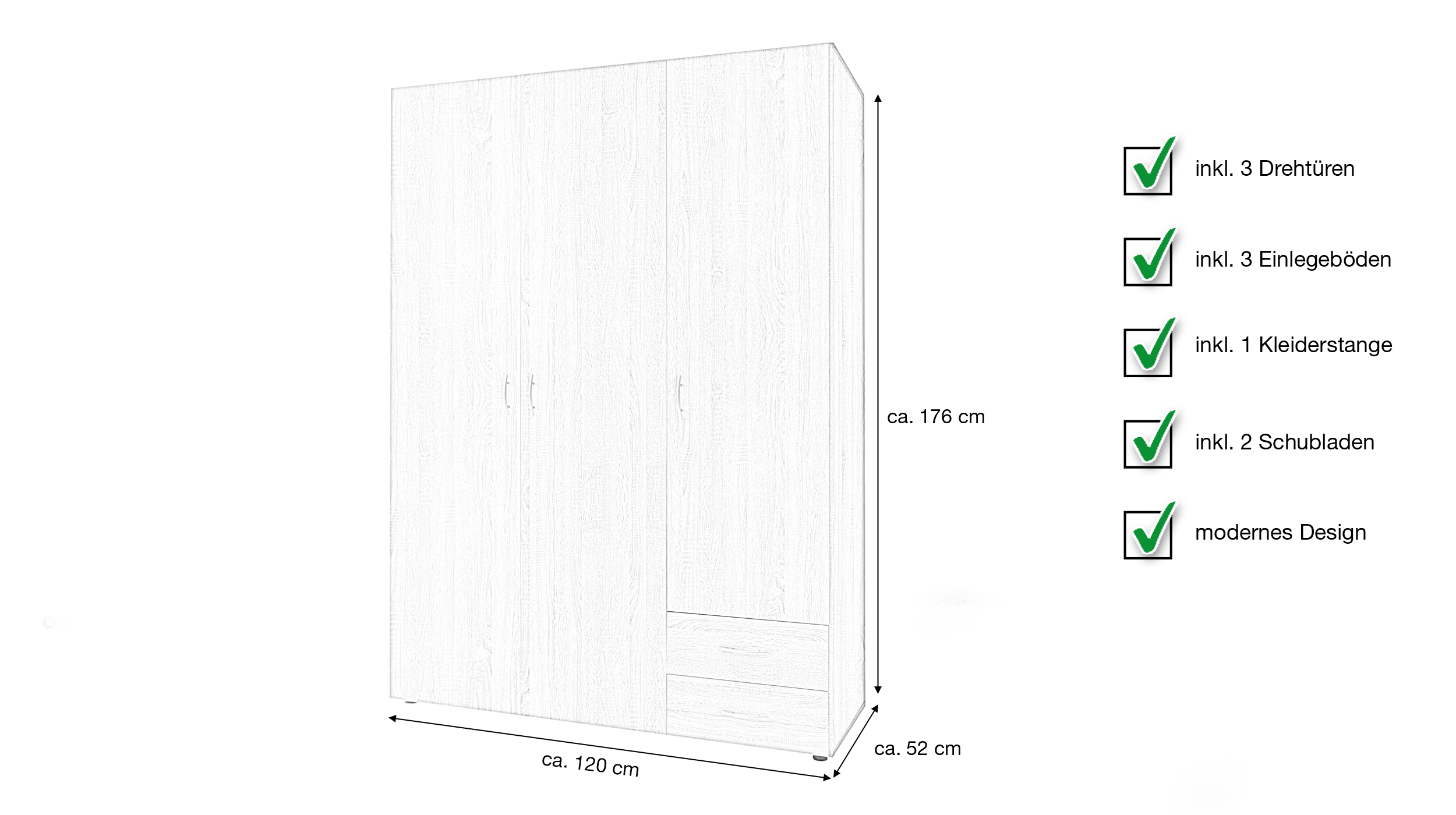 Kleiderschrank Sonoma Eiche - 120 cm - 3-türig - BASE