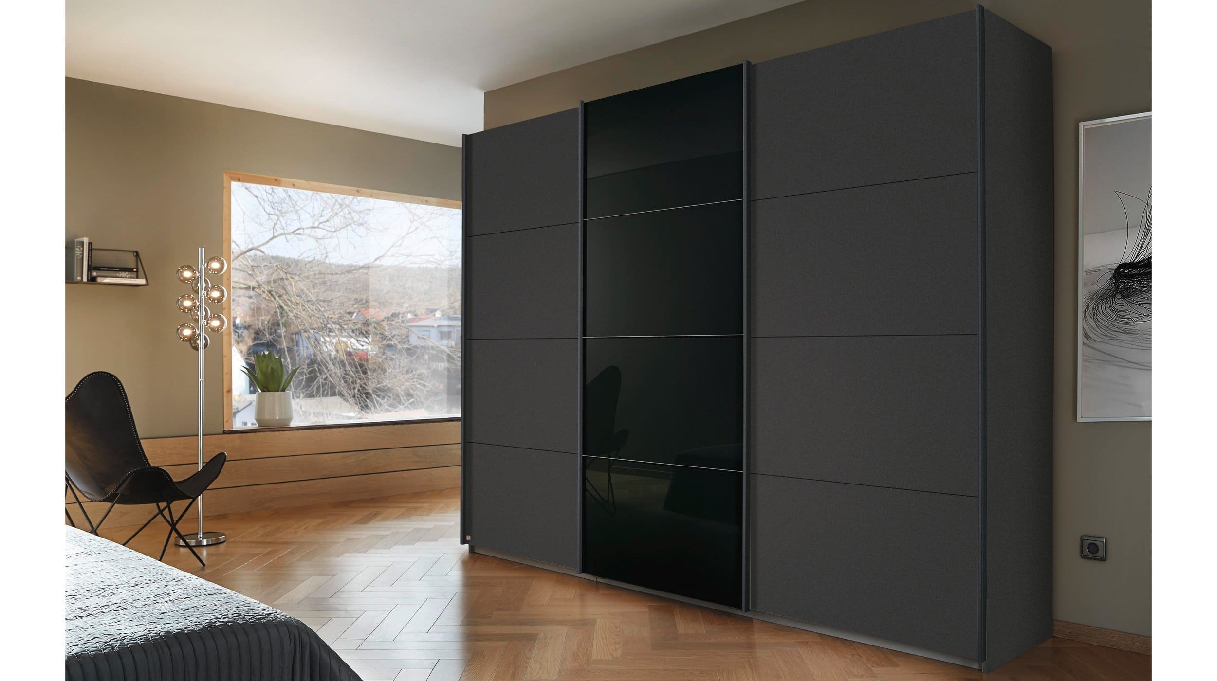 Schwebetürenschrank grau Glas 271 cm 3-türig - KULMBACH