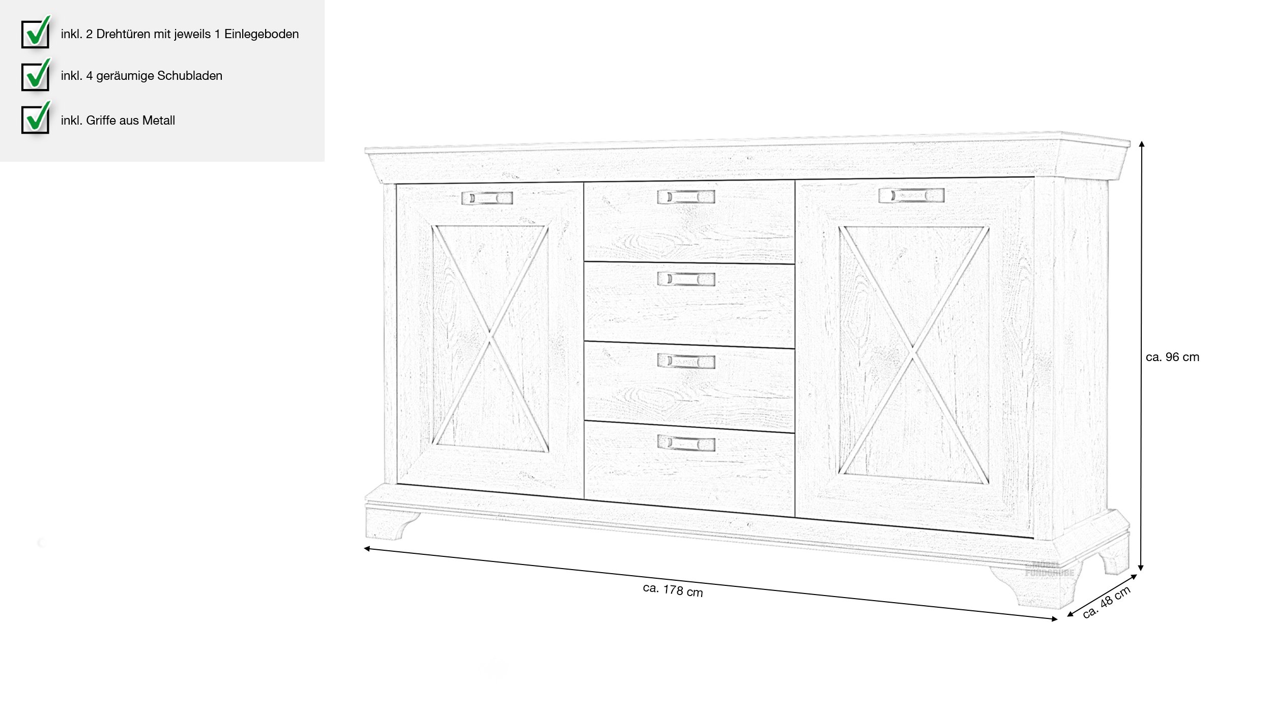 Sideboard mit 4 Schubladen Pinie weiß 178 cm - KASHMIR