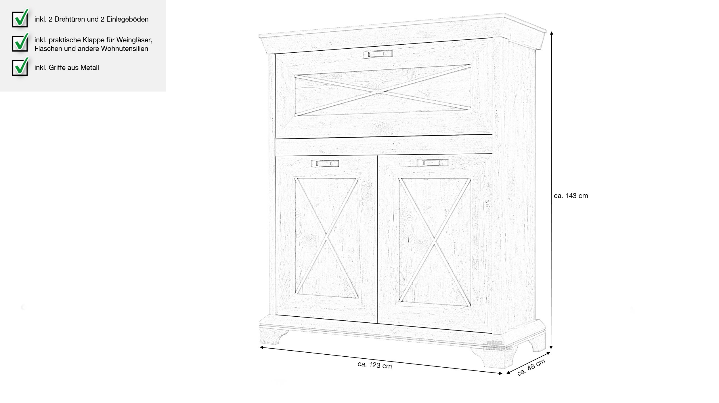 Kommode mit 2 Türen Pinie weiß 123 cm - KASHMIR