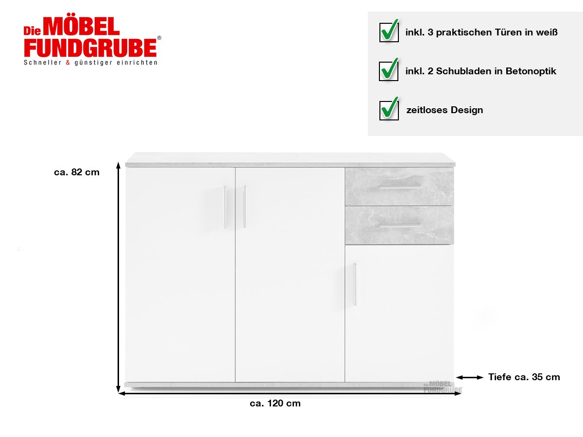 Kommode mit 2 Schubladen Betonoptik - weiß 120 cm - BOBBY
